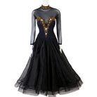 Black ballroom dance dress with gold embroidered V bodice