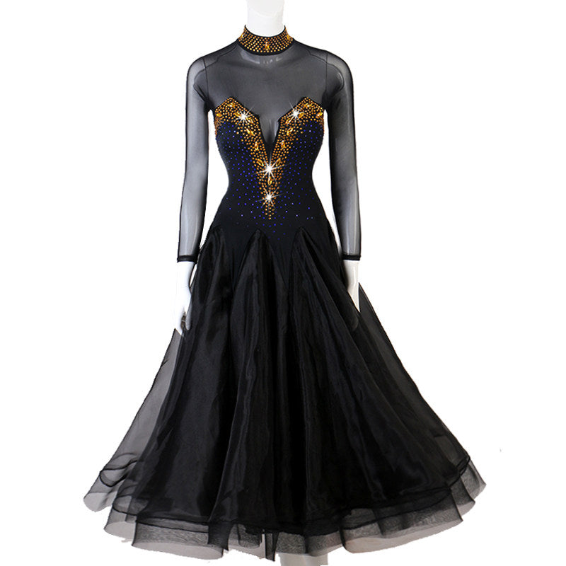 Black ballroom dance dress with gold embroidered V bodice