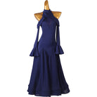 Navy ballroom dress front view with the ruffled cuffs hanging