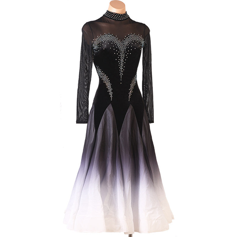 Black ombre ballroom dance dress front view with the chevron skirt hanging