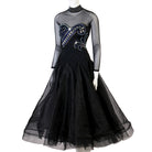 Black high neck ballroom gown front view with silver embroidered sleeves