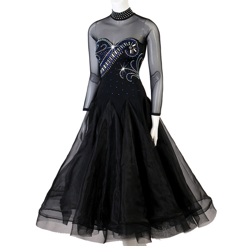 Black high neck ballroom gown front view with silver embroidered sleeves