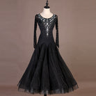 Black beaded ballroom gown three quarter view showing sleeve stones