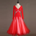 Red ombre ballroom gown with rhinestone crossover waist and V neckline