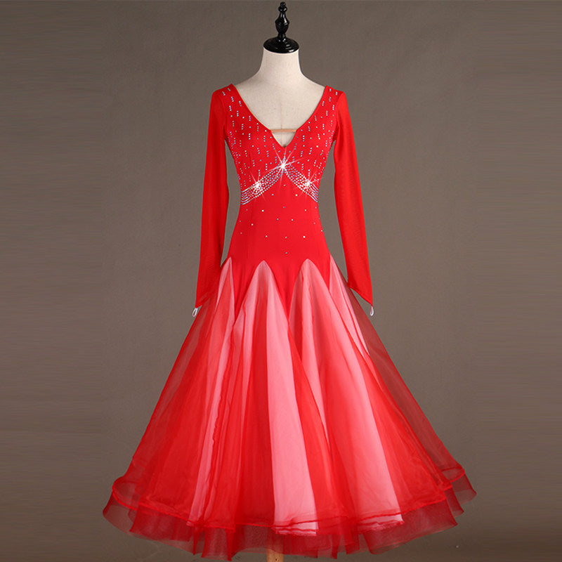 Red ombre ballroom gown with rhinestone crossover waist and V neckline
