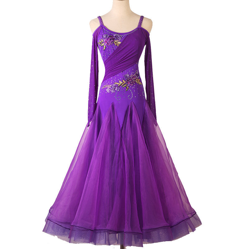 Purple cold shoulder ballroom dance dress with floral embroidery