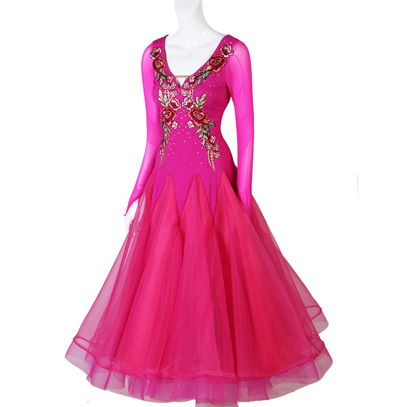 Fuchsia ballroom gown three quarter view showing the rose applique