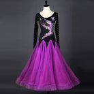 Purple ballroom dance dress on mannequin with sequin swirl bodice