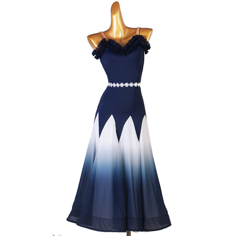 Navy ombre ballroom dress front view with the chevron skirt hanging straight