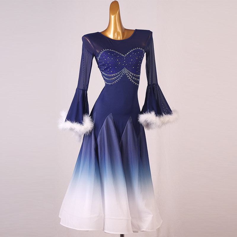 Navy ballroom dance dress with the rhinestone swag bodice seen straight on