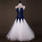 Navy and white ballroom dance dress on mannequin, beaded bodice detail