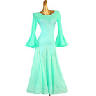 Mint green dance dress front view with the bell sleeves hanging