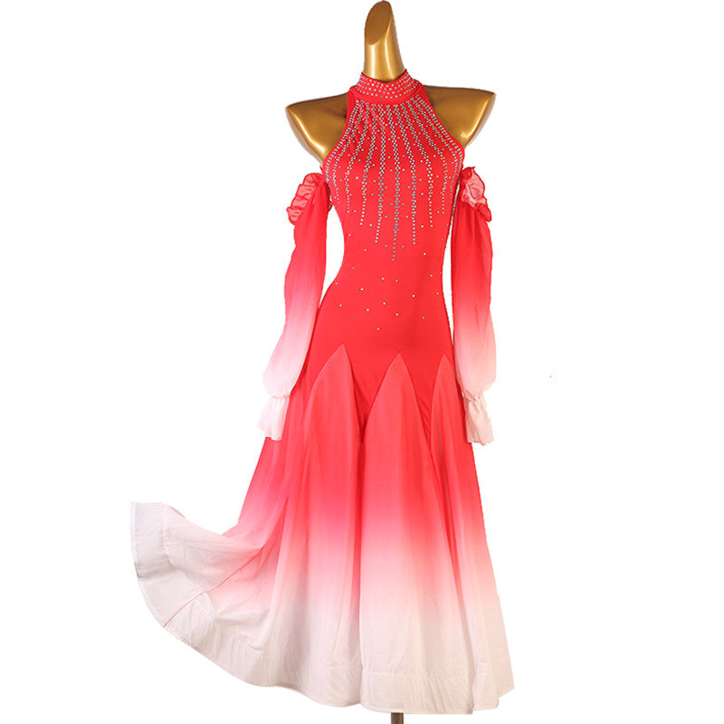 Red beaded fan collar ballroom competition dress on the mannequin