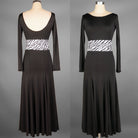 Black ballroom practice dress with zebra print contrast waistband, front and back