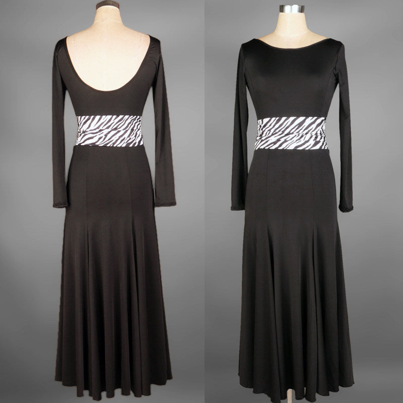 Black ballroom practice dress with zebra print contrast waistband, front and back