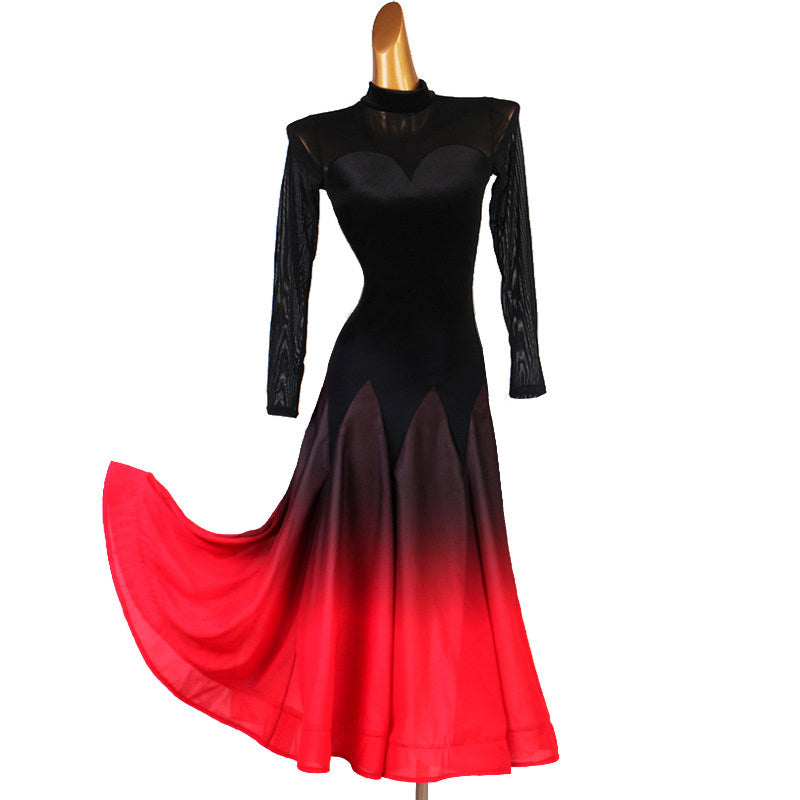 Black to red ombre ballroom dance dress with the chiffon skirt swept out