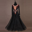 Black ballroom competition dress front view showing the double stone V