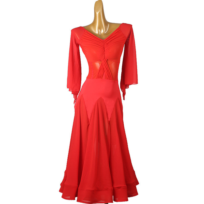 Red dance dress showing the nude mesh insert at the centre of the V