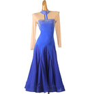 Royal blue ballroom competition dress with rhinestone neckband and godet skirt