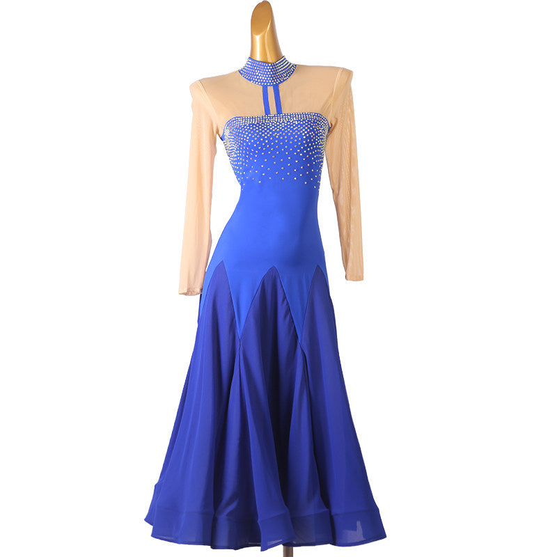 Royal blue ballroom competition dress with rhinestone neckband and godet skirt