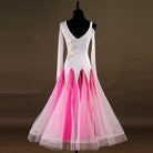 Pink and white ballroom dance dress on mannequin, embroidered bodice detail