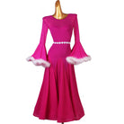 Hot pink feather cuff ballroom dress front view with the skirt hanging