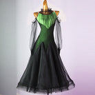 Green version of the ruched yoke ballroom dance dress with black organza skirt