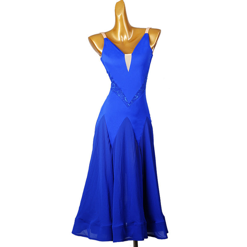 Royal blue ballroom practice dress front view with the mesh V insert