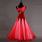Red ombre ballroom gown with black velvet camisole bodice