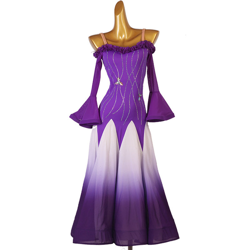Purple rhinestone ballroom dance dress with the ombre chevron skirt
