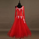 Red ballroom gown with silver floral lace applique and full tulle skirt