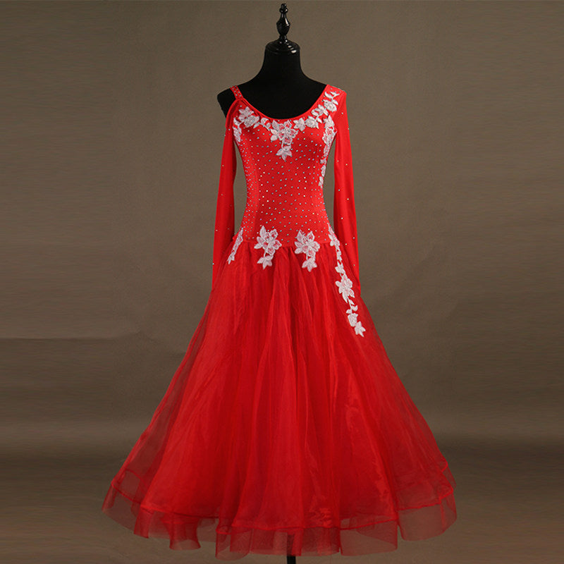 Red ballroom gown with silver floral lace applique and full tulle skirt