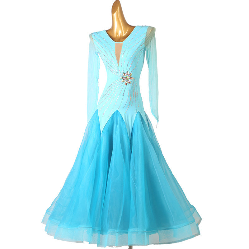 Turquoise dance dress front view showing the ruched pearl bodice