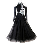 Black halter ballroom dance dress with silver scroll applique