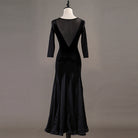 Black ballroom dress back view showing the low scooped mesh back
