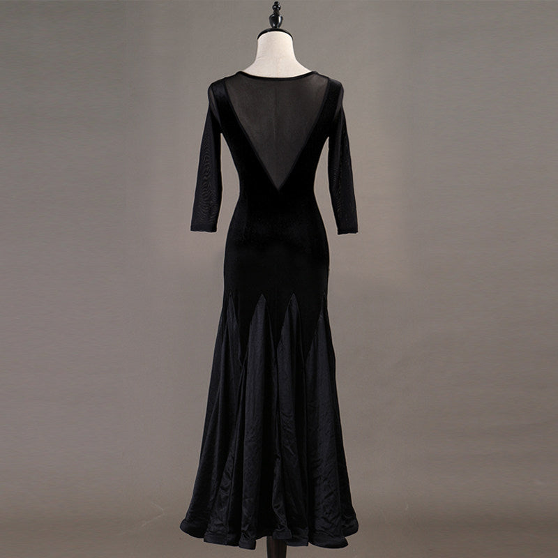 Black ballroom dress back view showing the low scooped mesh back