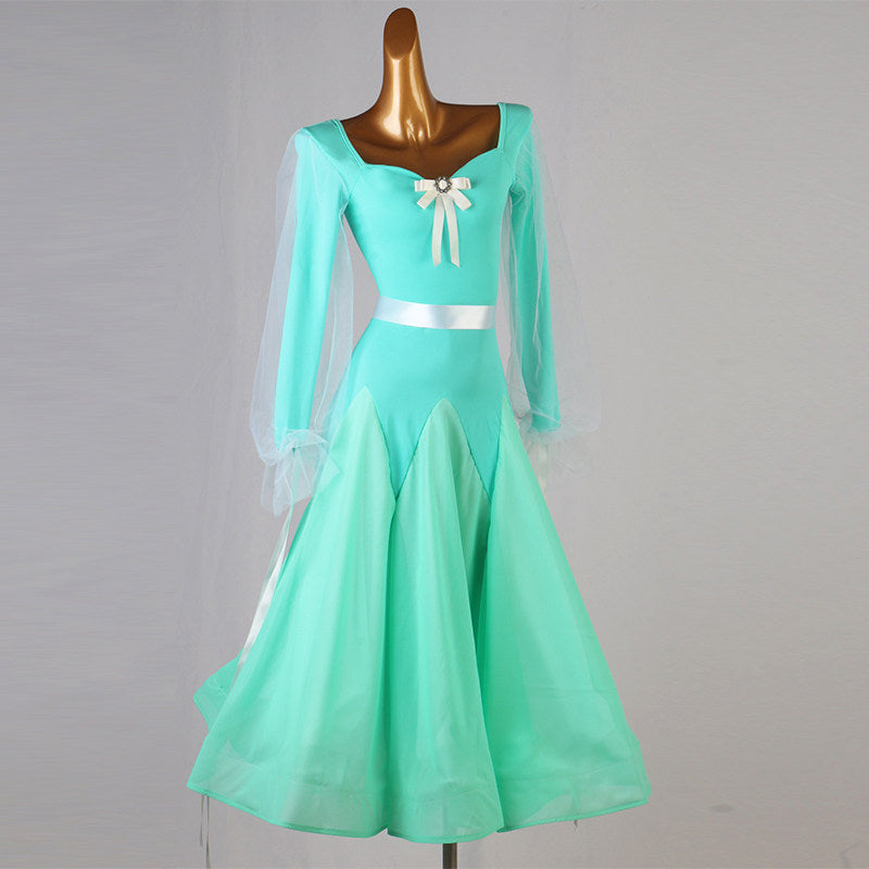 Mint green ballroom dress front view with the full circle skirt hanging