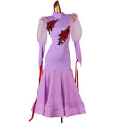 Lilac ballroom dance dress with rose applique bodice and gathered mesh puff sleeves