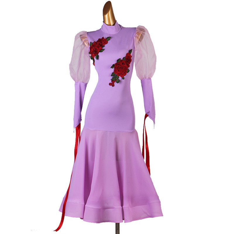 Lilac ballroom dance dress with rose applique bodice and gathered mesh puff sleeves