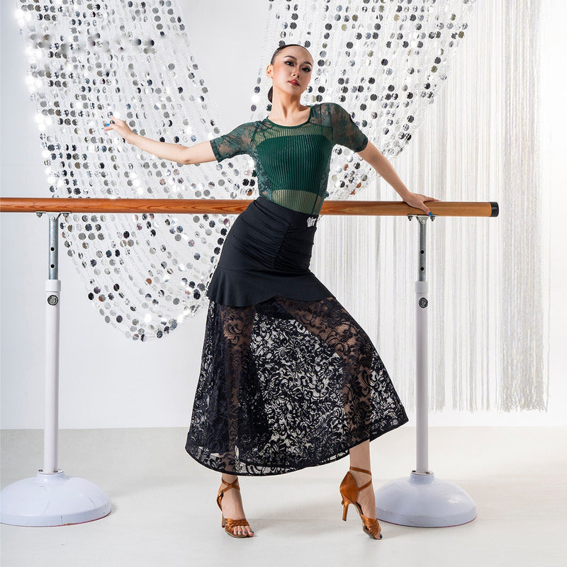 Back view of the black ruched yoke lace godet ballroom dance skirt