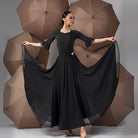 Black full circle chiffon ballroom practice skirt seen from the front