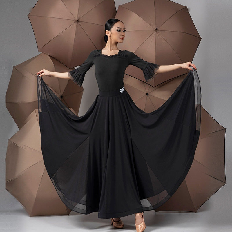 Black full circle chiffon ballroom practice skirt seen from the front