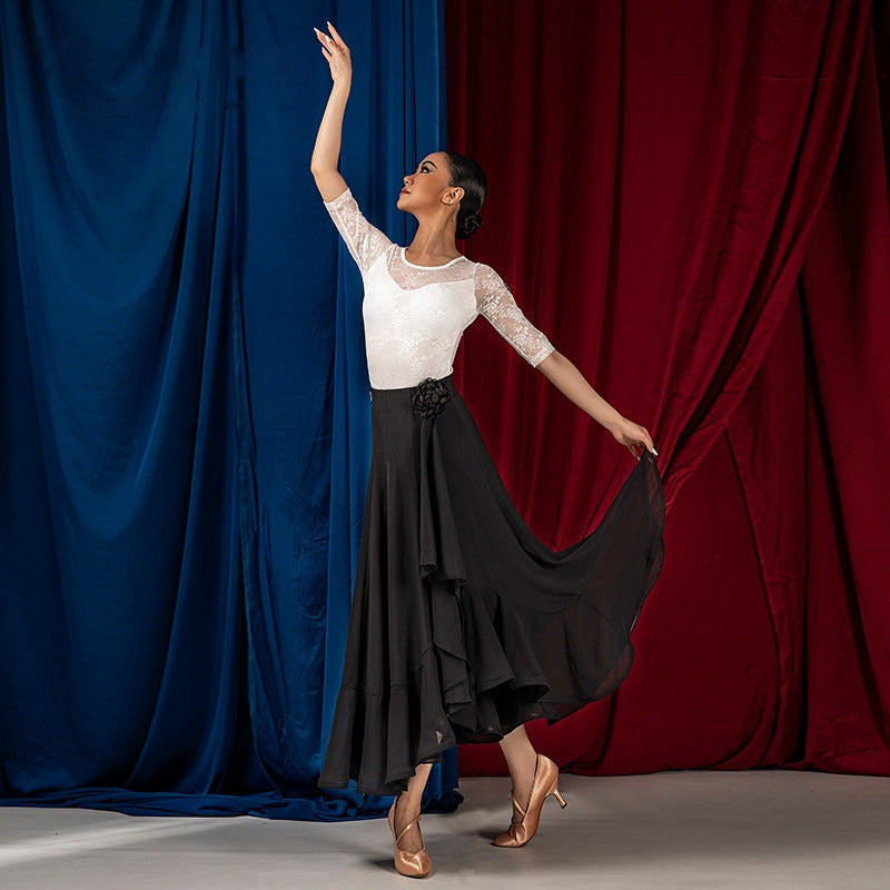 Black side rosette ballroom dance skirt lifting through a turn