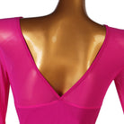 Close up of the deep V back on the hot pink ballroom dance dress