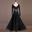 Black ballroom dance dress front view with full skirt spread