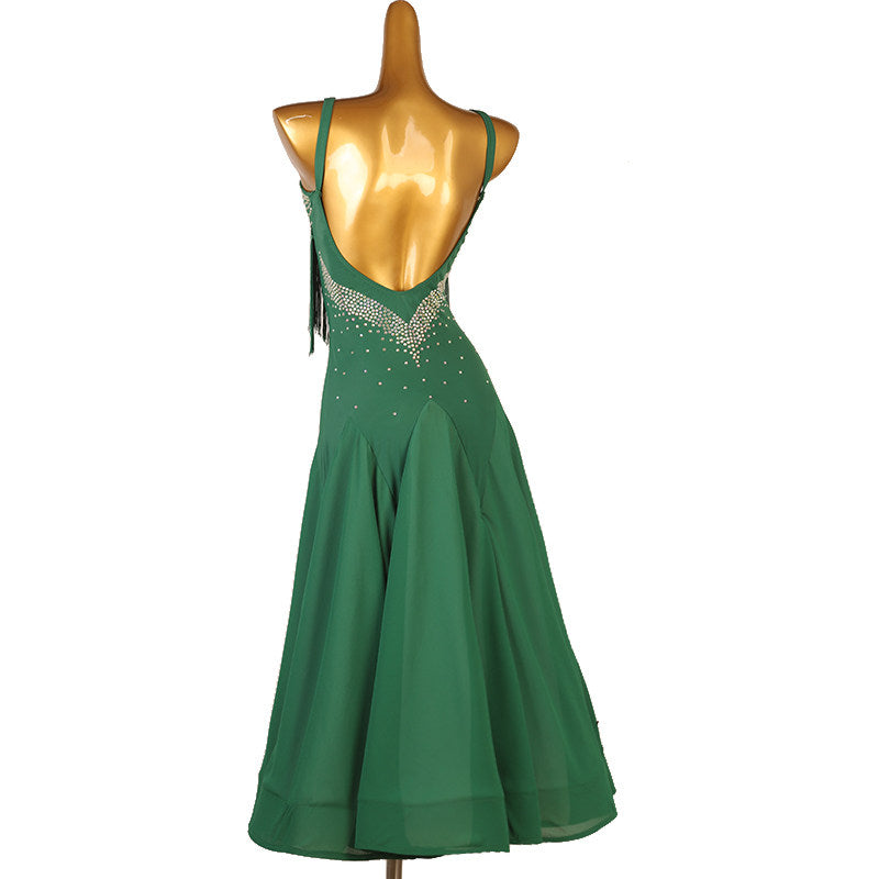 Back view of the green ballroom dress showing the stones down the spine