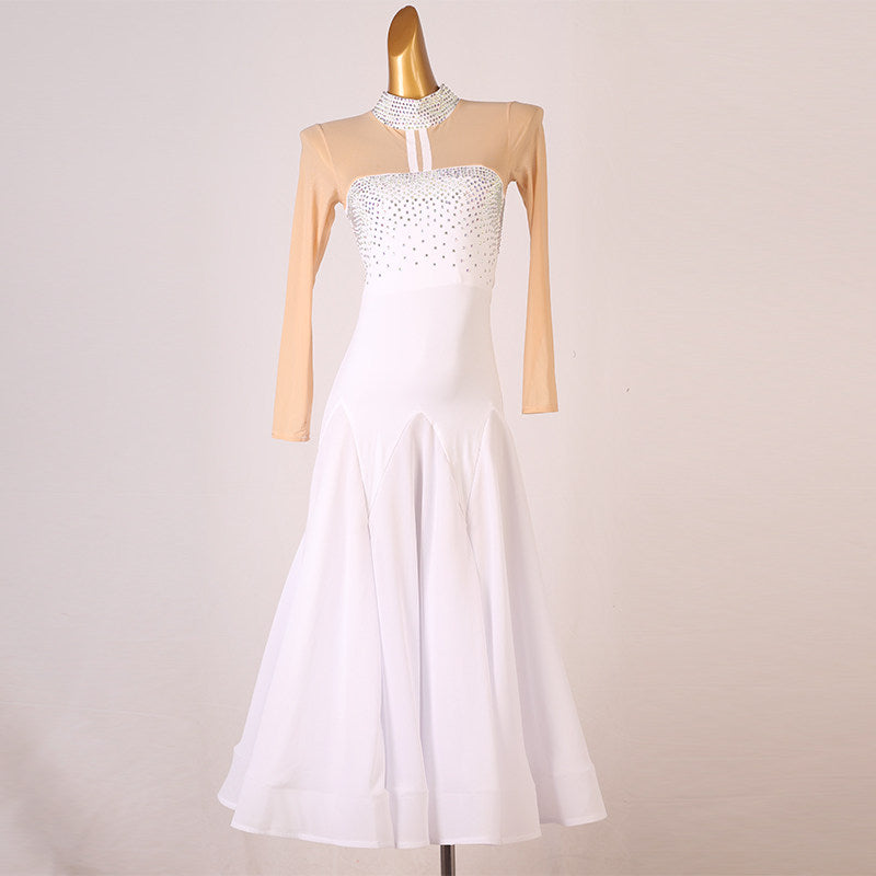 White version of the illusion yoke ballroom dance dress on mannequin