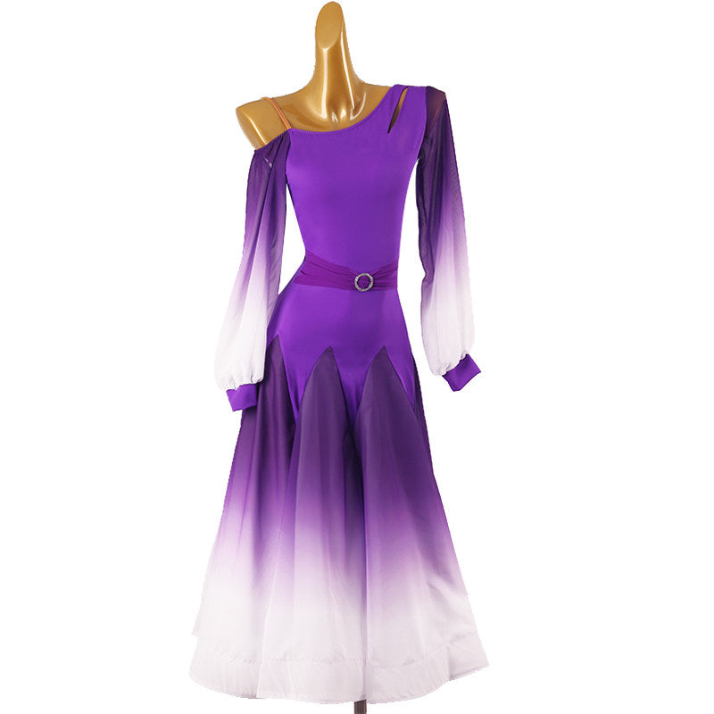 Purple one shoulder ballroom dance dress with the two tone sleeves