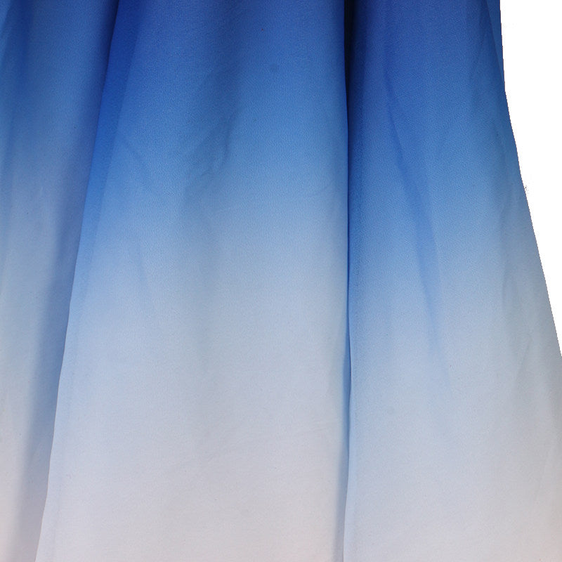 Detail of the blue to white ombre chiffon on the skirt panels