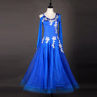 Blue ballroom competition dress with silver floral lace applique bodice